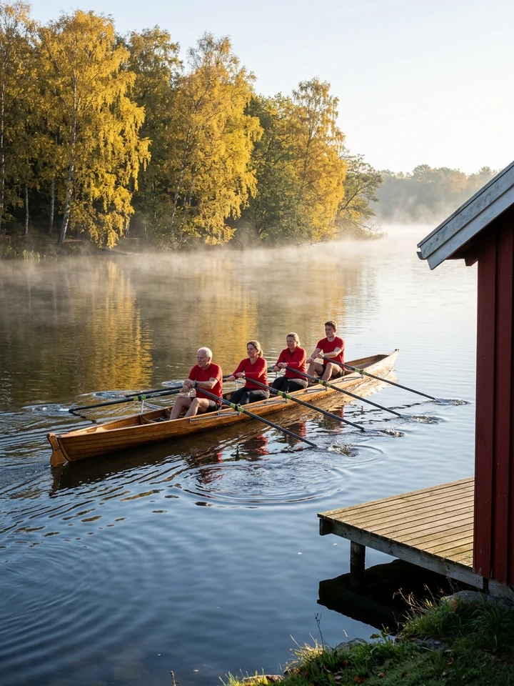 En firer af træ på en stille sø i morgendis