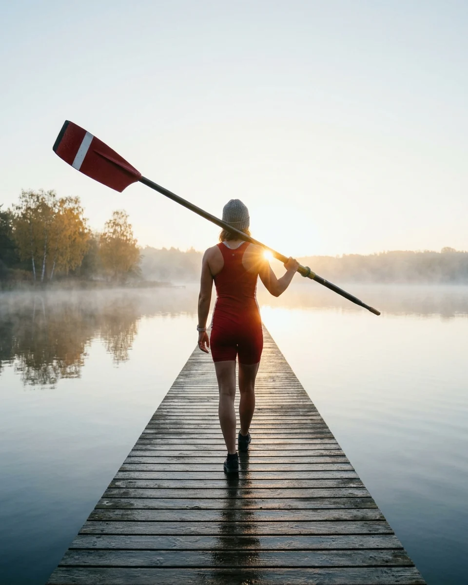 A rower with an oar on her shoulder walks out along the jetty into the morning mist on the lake